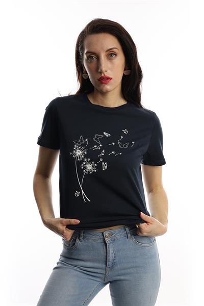 Kadin Bisiklet Yaka Baskılı Basic Tişört Lacivert