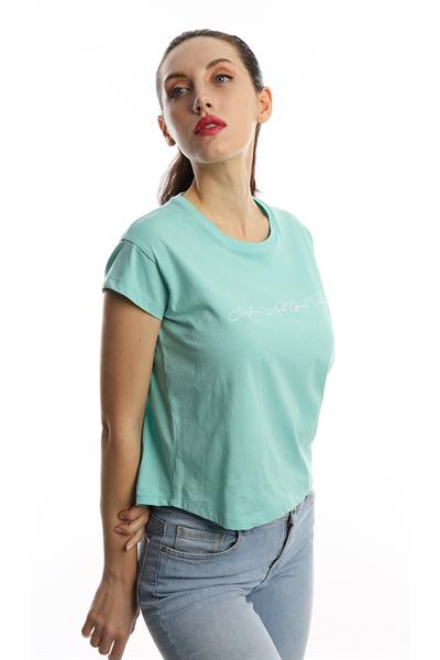 Kadın Bisiklet Yaka Baskılı Crop Tişört Turkuaz