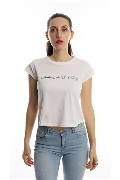 Kadın Bisiklet Yaka Baskılı Crop Tişört Beyaz