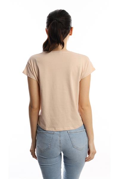 Kadın Bisiklet Yaka Baskılı Crop Tişört Bej