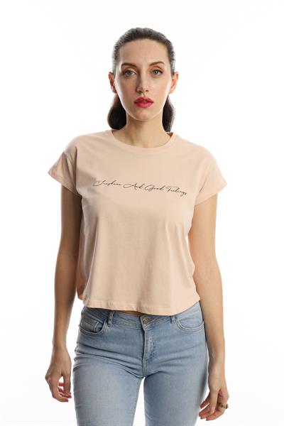 Kadın Bisiklet Yaka Baskılı Crop Tişört Bej