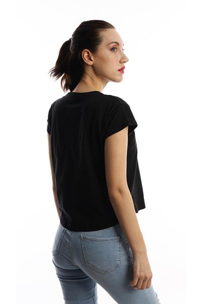 Kadın Bisiklet Yaka Baskılı Crop Tişört Siyah