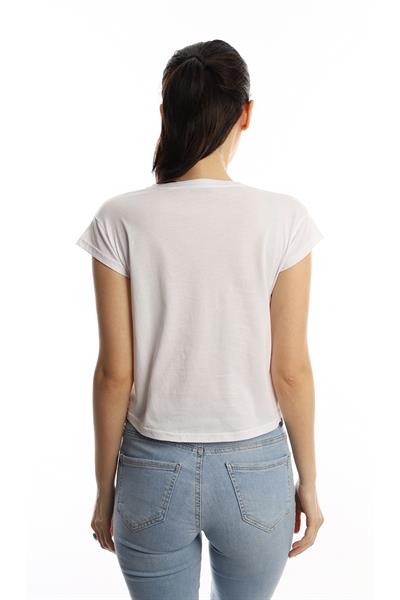 Kadın Bisiklet Yaka Baskılı Crop Tişört Beyaz