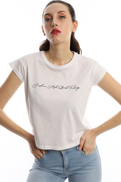 Kadın Bisiklet Yaka Baskılı Crop Tişört Beyaz