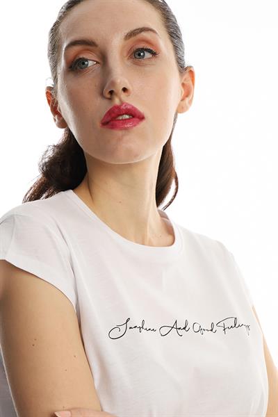 Kadın Bisiklet Yaka Baskılı Crop Tişört Beyaz