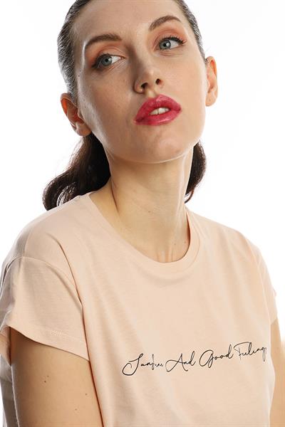 Kadın Bisiklet Yaka Baskılı Crop Tişört Bej