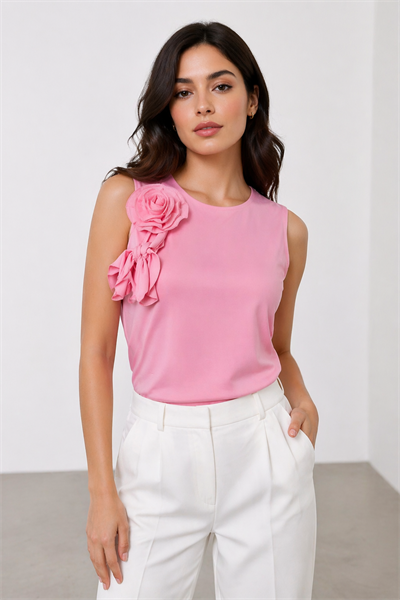 Kadın Bisiklet Yaka Çiçek Detaylı Esnek Kumaş Bluz Pembe