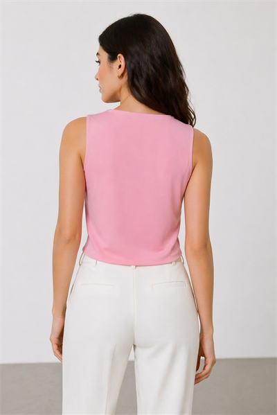 Kadın Bisiklet Yaka Çiçek Detaylı Esnek Kumaş Bluz Pembe