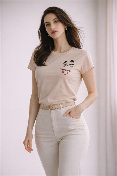 Kadın Bisiklet Yaka Game Over Kedi Baskılı Regular Fit Tişört Bej