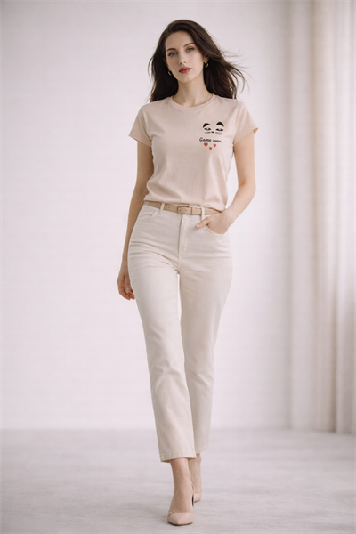 Kadın Bisiklet Yaka Game Over Kedi Baskılı Regular Fit Tişört Bej