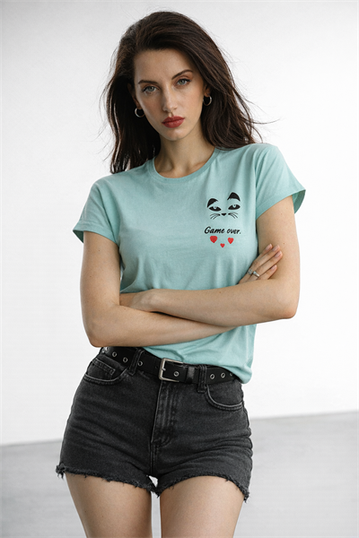 Kadın Bisiklet Yaka Game Over Kedi Baskılı Regular Fit Tişört Turkuaz