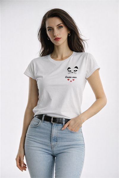 Kadın Bisiklet Yaka Game Over Kedi Baskılı Regular Fit Tişört Beyaz