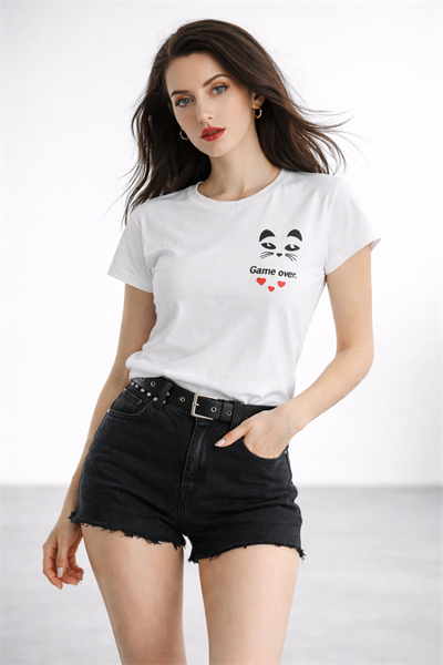 Kadın Bisiklet Yaka Game Over Kedi Baskılı Regular Fit Tişört Beyaz