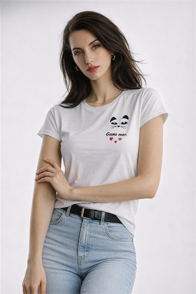 Kadın Bisiklet Yaka Game Over Kedi Baskılı Regular Fit Tişört Beyaz