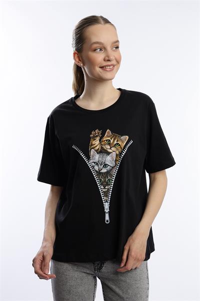 Kadın bisiklet yaka kedi baskılı tişört Siyah
