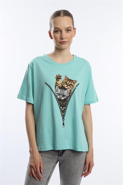 Kadın bisiklet yaka kedi baskılı tişört Turkuaz