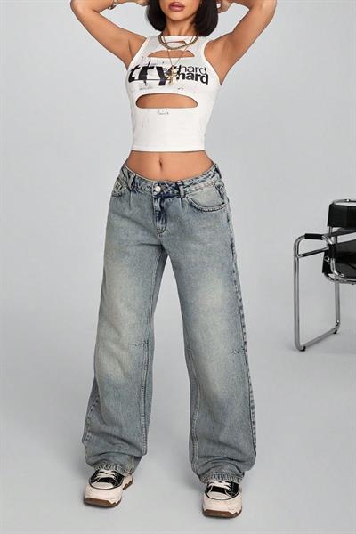 Kadın Bol Kalıp Kot Pantolon Jeans Mavi
