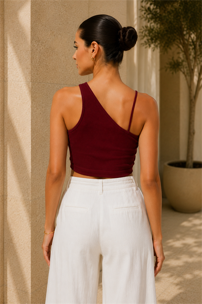 Kadın Bordo Çapraz Halter Yaka Damla Detaylı Fitilli Crop Top
