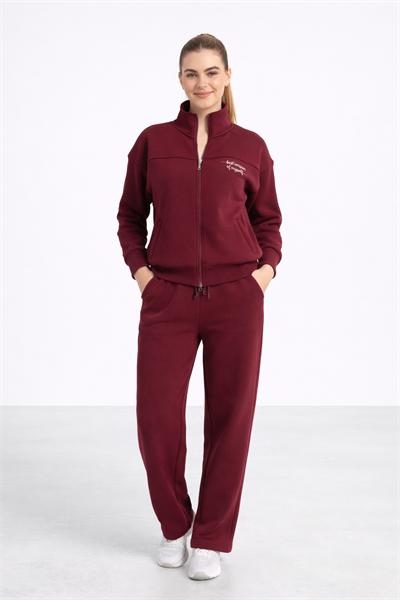 Kadın Bordo Fermuarlı Sweat Ceket –  Regular Fit Günlük Spor Eşofman Üstü