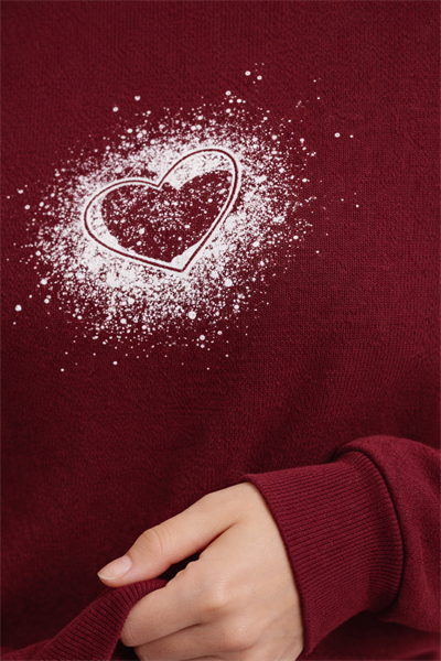Kadın Bordo Kalp Baskılı Regular Sweatshirt Günlük Rahat Basic Sweat