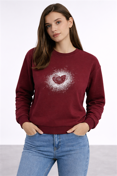 Kadın Bordo Kalp Baskılı Regular Sweatshirt Günlük Rahat Basic Sweat