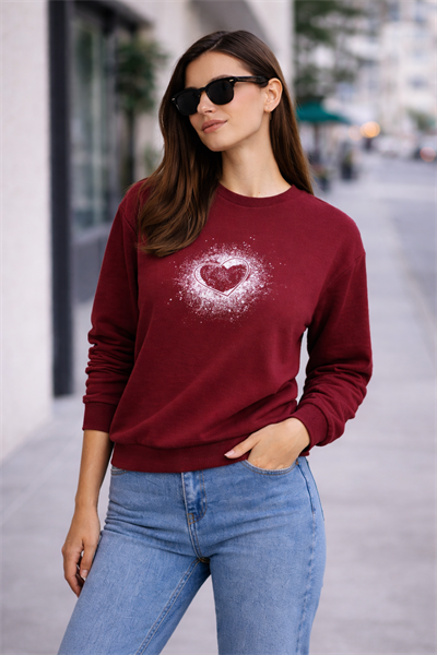 Kadın Bordo Kalp Baskılı Regular Sweatshirt Günlük Rahat Basic Sweat