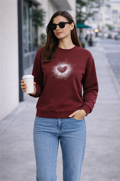 Kadın Bordo Kalp Baskılı Regular Sweatshirt Günlük Rahat Basic Sweat