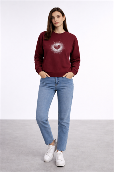 Kadın Bordo Kalp Baskılı Regular Sweatshirt Günlük Rahat Basic Sweat