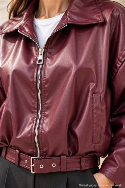 Kadın Bordo Kemer Detaylı Fermuarlı Oversize Suni Deri Ceket Bordo