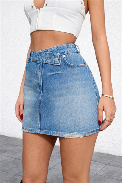 Kadın Çapraz Bel Detaylı Mini Jean Etek Yırtık Paça Denim Etek