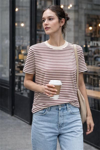 Kadın Çizgili Basic Oversize T-Shirt – Bordo Ekru