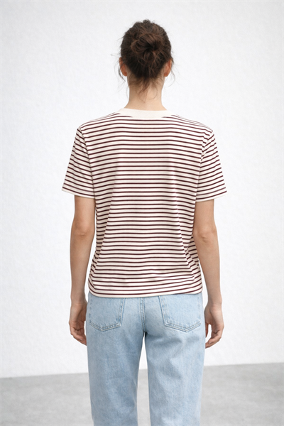 Kadın Çizgili Basic Oversize T-Shirt – Bordo Ekru