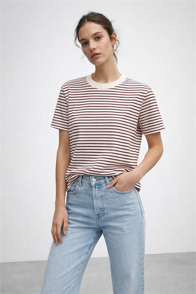 Kadın Çizgili Basic Oversize T-Shirt – Bordo Ekru