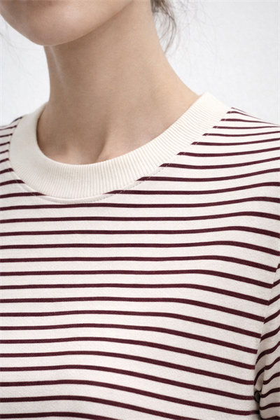 Kadın Çizgili Basic Oversize T-Shirt – Bordo Ekru