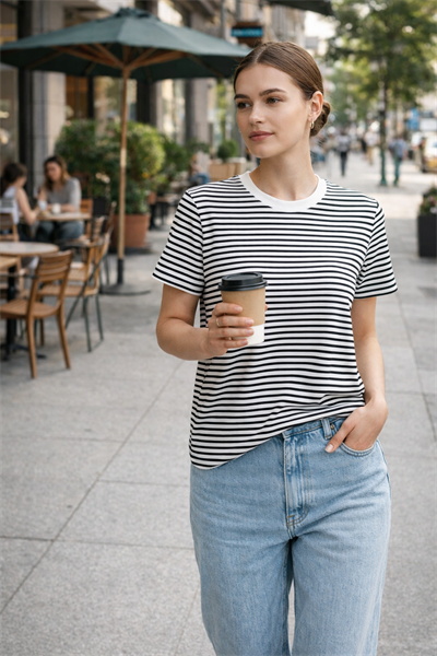 Kadın Çizgili Basic Oversize T-Shirt – Ekru Siyah