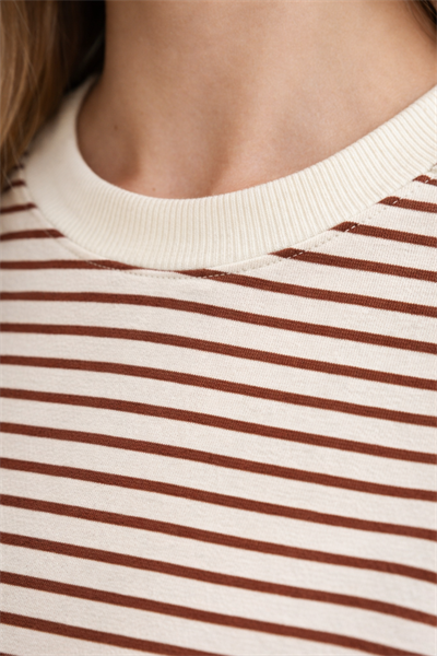 Kadın Çizgili Basic Oversize T-Shirt – Kahve Ekru