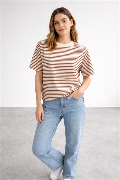 Kadın Çizgili Basic Oversize T-Shirt – Kahve Ekru