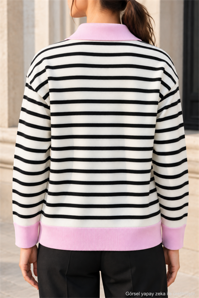 Kadın Çizgili Polo Yaka Yarım Fermuarlı Triko Kazak - Pembe Pembe