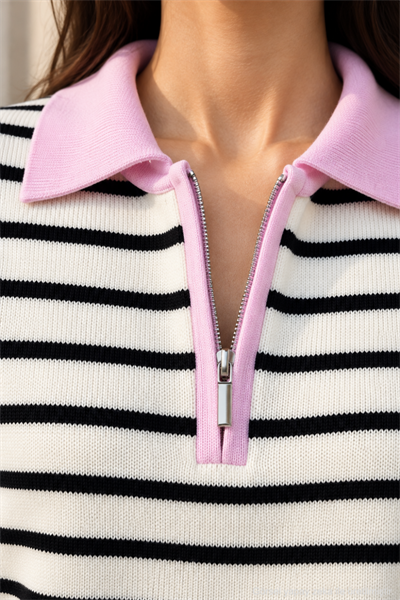 Kadın Çizgili Polo Yaka Yarım Fermuarlı Triko Kazak - Pembe Pembe