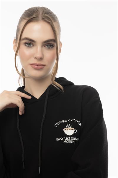Kadin Coffe Nakışlı Kapüşonlu Sweatshirt Siyah