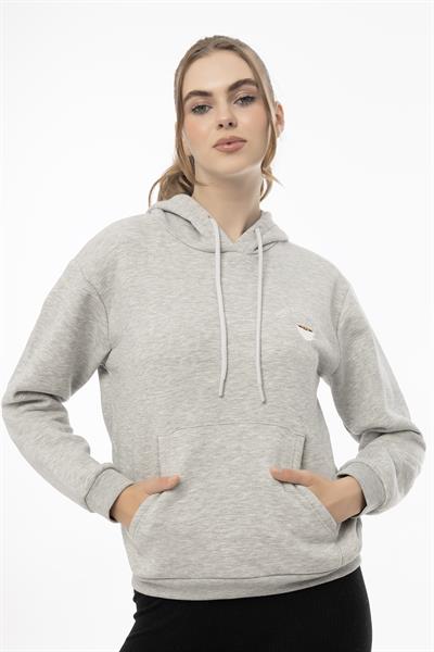Kadin Coffe Nakışlı Kapüşonlu Sweatshirt Gri Melanj