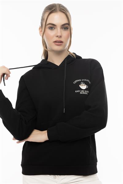 Kadin Coffe Nakışlı Kapüşonlu Sweatshirt Siyah