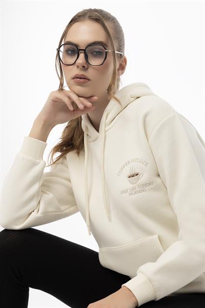 Kadin Coffe Nakışlı Kapüşonlu Sweatshirt Ekru