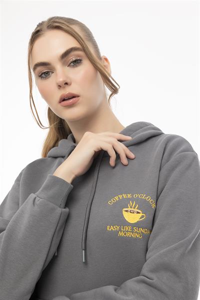 Kadin Coffe Nakışlı Kapüşonlu Sweatshirt Füme