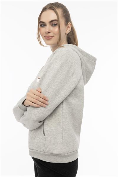 Kadin Coffe Nakışlı Kapüşonlu Sweatshirt Gri Melanj