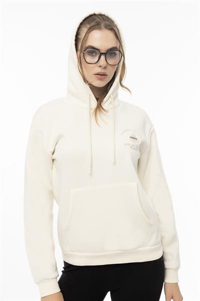 Kadin Coffe Nakışlı Kapüşonlu Sweatshirt Ekru
