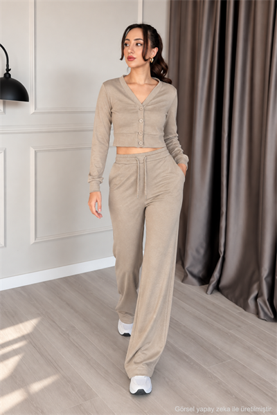 Kadın Cupra V Yaka 4 Düğmeli Crop Hırka ve Bol Paça Pantolon -  Vizon Vizon