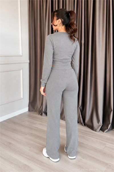 Kadın Cupra V Yaka 4 Düğmeli Crop Hırka ve Bol Paça Pantolon -  Gri Gri