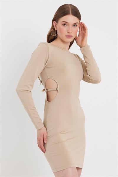Kadın Dekolteli Allegro Kumaş Elbise Bej