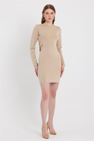 Kadın Dekolteli Allegro Kumaş Elbise Bej